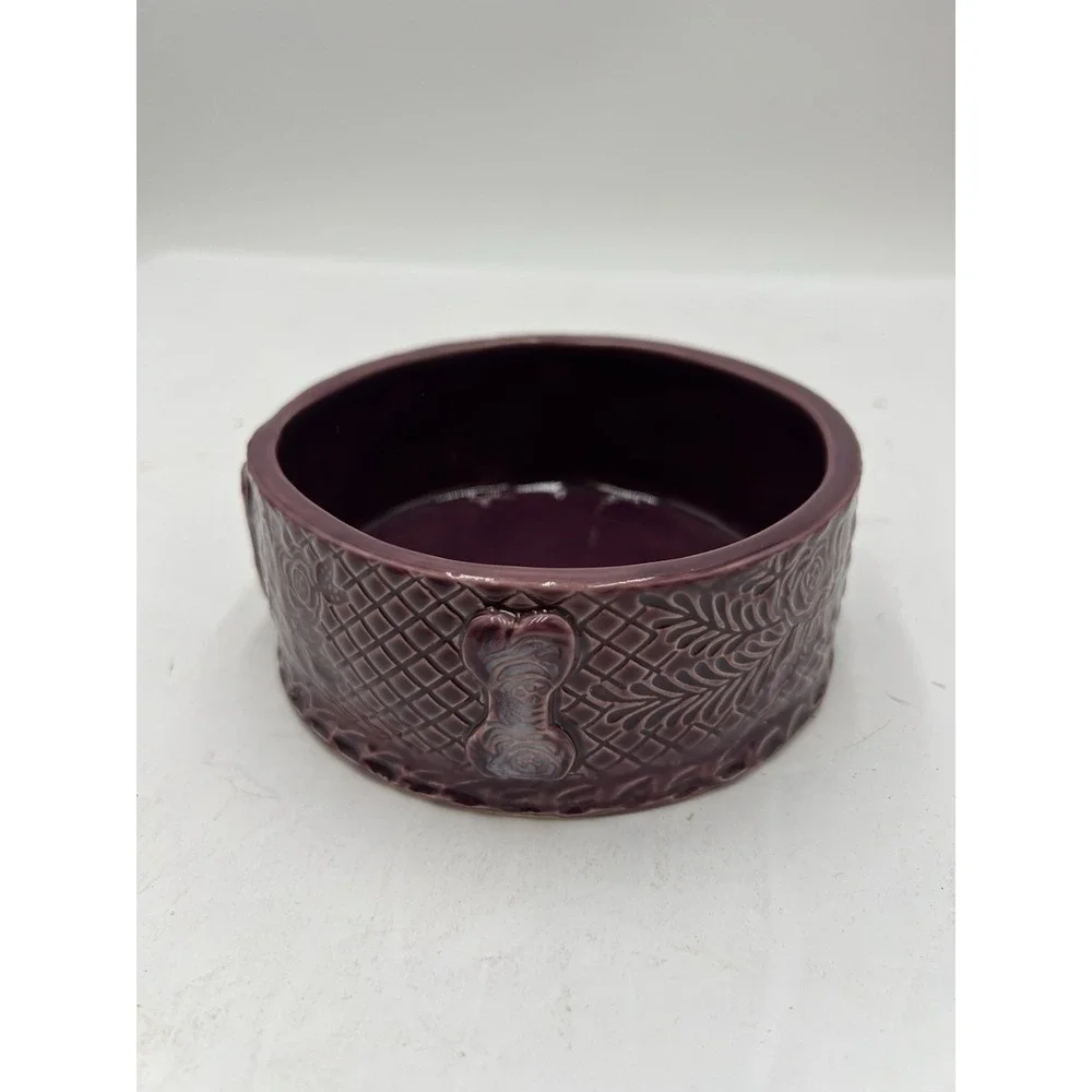 Purple Ceramic Dog Bowl RG Signed Floral Bone Design 5